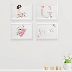 Quadros para quarto de bebê Menina com Flores Inicial e Nome