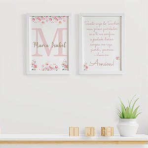 Quadros para quarto de bebê Santo Anjo Inicial e Nome com Flores
