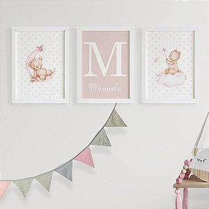 Quadros para quarto de bebê Ursinhos Rosa com Inicial e Nome