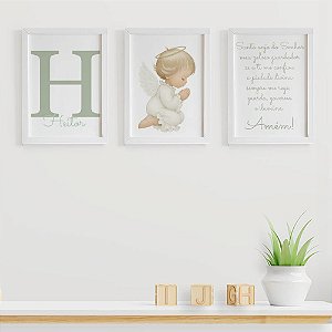Quadros para quarto de bebê Santo Anjo com Anjinho rezando Inicial e Nome