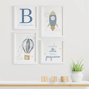 Quadros para quarto de bebê Balão e Foguete com Nome e Frase