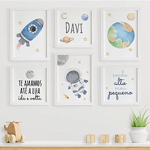 Quadros para quarto de bebê Astronauta Foguete Planeta com Nome e Frases