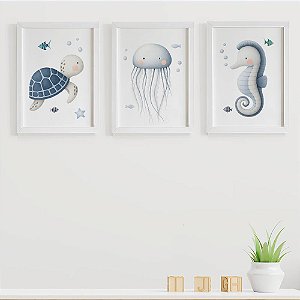 Quadros para quarto de bebê Fundo do mar Tartaruga Água Viva e Cavalo marinho