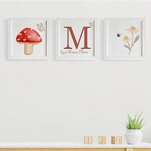 Quadros para quarto de bebê Cogumelo Inicial e Nome Margaridas