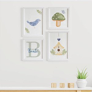 Quadros para quarto de bebê Passarinho Cogumelo Casinha Inicial com Nome