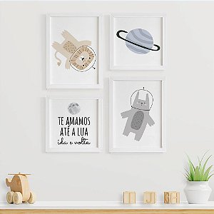 Quadros para quarto de bebê Astronauta Animais Te Amamos até a Lua