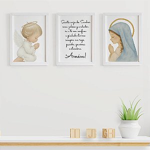 Quadros para quarto de bebê Santo Anjo com Anjinho Rezando Nossa Senhora