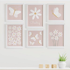 Quadros para quarto de bebê Margaridas e Borboletas com Nome