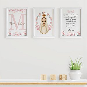 Quadros para quarto de bebê Nossa Senhora de Fátima e Santo Anjo com Inicial e Nome