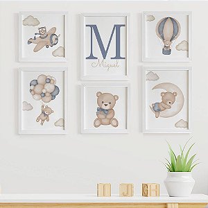 Quadros para quarto de bebê Ursinho Aviador com Inicial e Nome