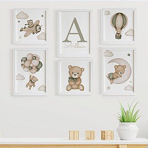 Quadros para quarto de bebê Ursinho Aviador com Inicial e Nome
