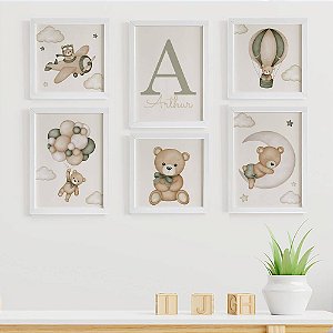 Quadros para quarto de bebê Ursinho Aviador com Inicial e Nome