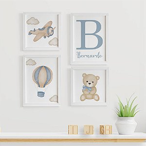 Quadros para quarto de bebê Avião Balão Ursinho com Inicial e Nome