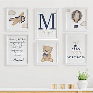 Quadros para quarto de bebê Ursinho Aviador Santo Anjo Inicial e Nome