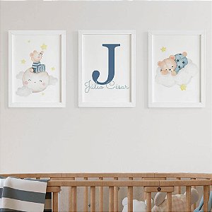 Quadro para quarto de bebê Ursinho Nuvem com Inicial e Nome