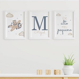 Quadros para quarto de bebê Ursinho Aviador Inicial e Nome Voe Alto