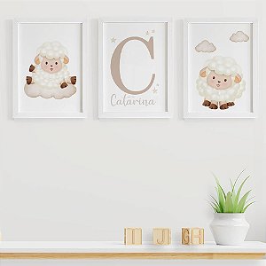 Quadros para quarto de bebê Ovelhinhas Nuvem com Inicial e Nome