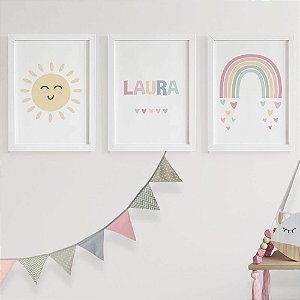 Quadros para quarto de bebê Sol Nome e Arco íris