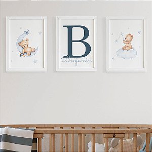 Quadro para quarto de bebê Ursinho Nuvem com Inicial e Nome