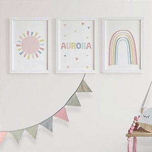 Quadros para quarto de bebê Sol Nome e Arco íris