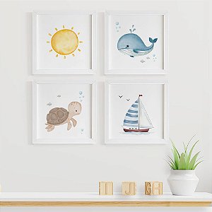 Quadros para quarto de bebê Fundo do Mar com Sol e Barco