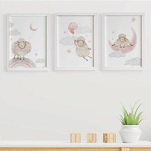 Quadros para quarto de bebê Ovelhinhas Arco Íris Lua Balão