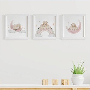 Quadros para quarto de bebê Ovelhinhas Lua Arco Íris