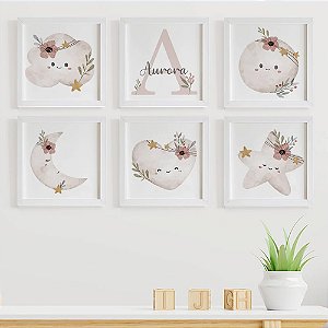 Quadros para quarto de bebê Lua Nuvem e Estrela com Inicial e Nome