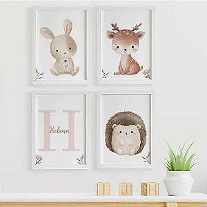 Quadros para quarto de bebê Animais Bosque com Inicial e Nome