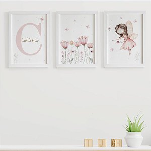 Quadros para quarto de bebê Flores e Fada com Inicial e Nome
