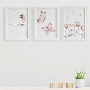 Quadros para quarto de bebê Flores e Fada com Nome