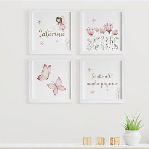 Quadros para quarto de bebê Flores Fada Sonhe Alto com Nome