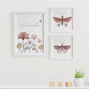 Quadros para quarto de bebê Flores e Borboletas com Nome