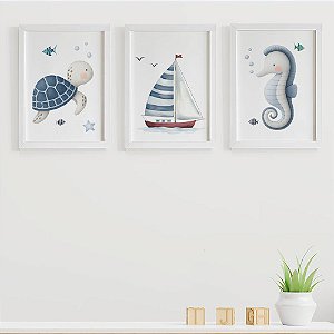 Quadros para quarto de bebê Fundo do mar Tartaruga Barquinho e Cavalo marinho