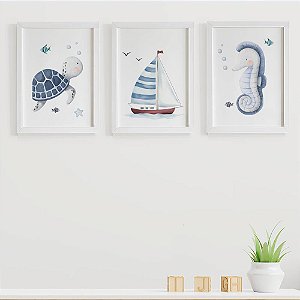 Quadros para quarto de bebê Fundo do mar Tartaruga Barquinho e Cavalo marinho
