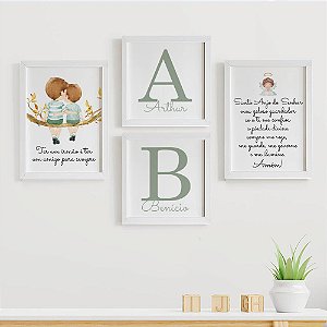 Quadros para quarto de bebê irmãos Inicial e Nome Santo Anjo