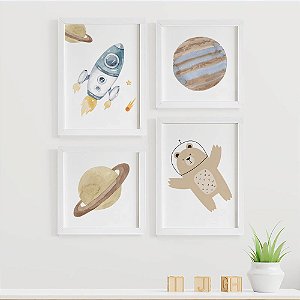 Quadros para quarto de bebê Astronauta Foguete Planetas e Urso