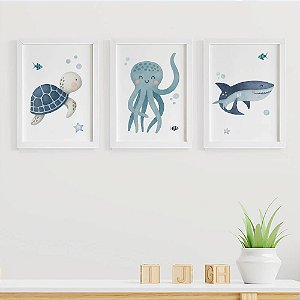Quadros para quarto de bebê Fundo do mar Tartaruga Polvo Tubarão