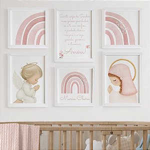 Quadros para quarto de bebê Arco Íris com Nossa Senhora Santo Anjo e Nome
