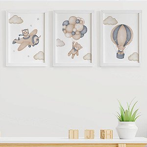 Quadros para quarto de bebê Ursinho Aviador Balão