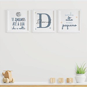 Quadros para quarto de bebê Astronauta Te Amamos Até a Lua Sonhe Alto com Inicial e Nome