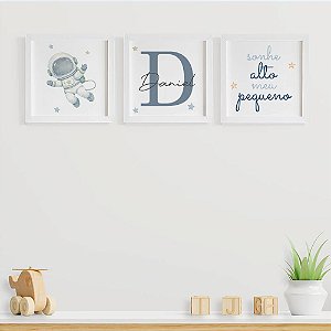 Quadros para quarto de bebê Astronauta Sonhe Alto com Inicial e Nome
