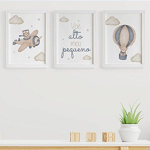 Quadros para quarto de bebê Ursinho Aviador Voe Alto Balão