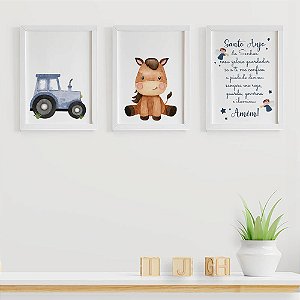 Quadros para quarto de bebê Fazendinha Trator Cavalinho e Santo Anjo