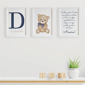 Quadros para Quarto de bebê Ursinho Oração Santo Anjo com Inicial e Nome