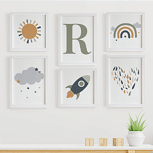 Quadros para quarto de bebê Nuvem Arco Íris Sol Foguete e Inicial