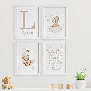 Quadros para quarto de bebê Santo Anjo Ursinhos com Inicial e Nome