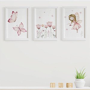 Quadros para quarto de bebê Borboletas Flores e Fada