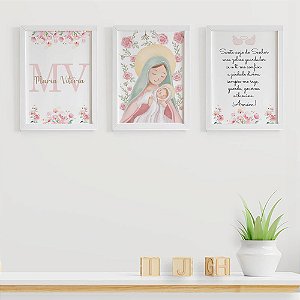 Quadros para quarto de bebê Nossa Senhora com Flores Inicial e Nome