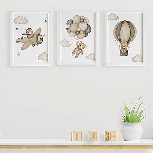 Quadros para quarto de bebê Ursinho Aviador Balão